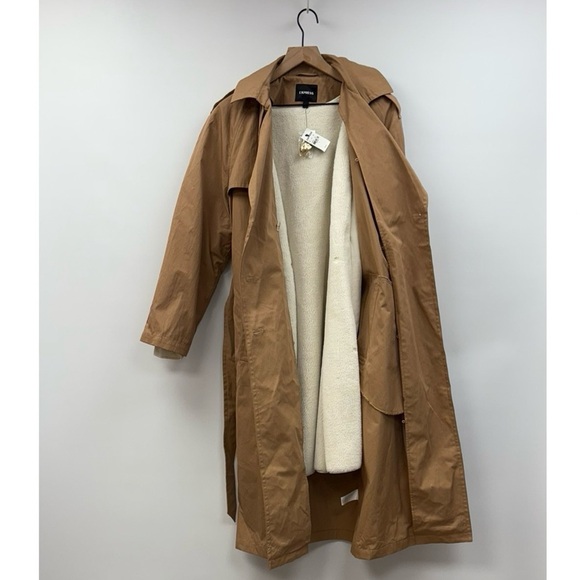 NWT Express Double Breasted Fleece Lined Classic Long Trench Coat Tan Large - Picture 7 of 13